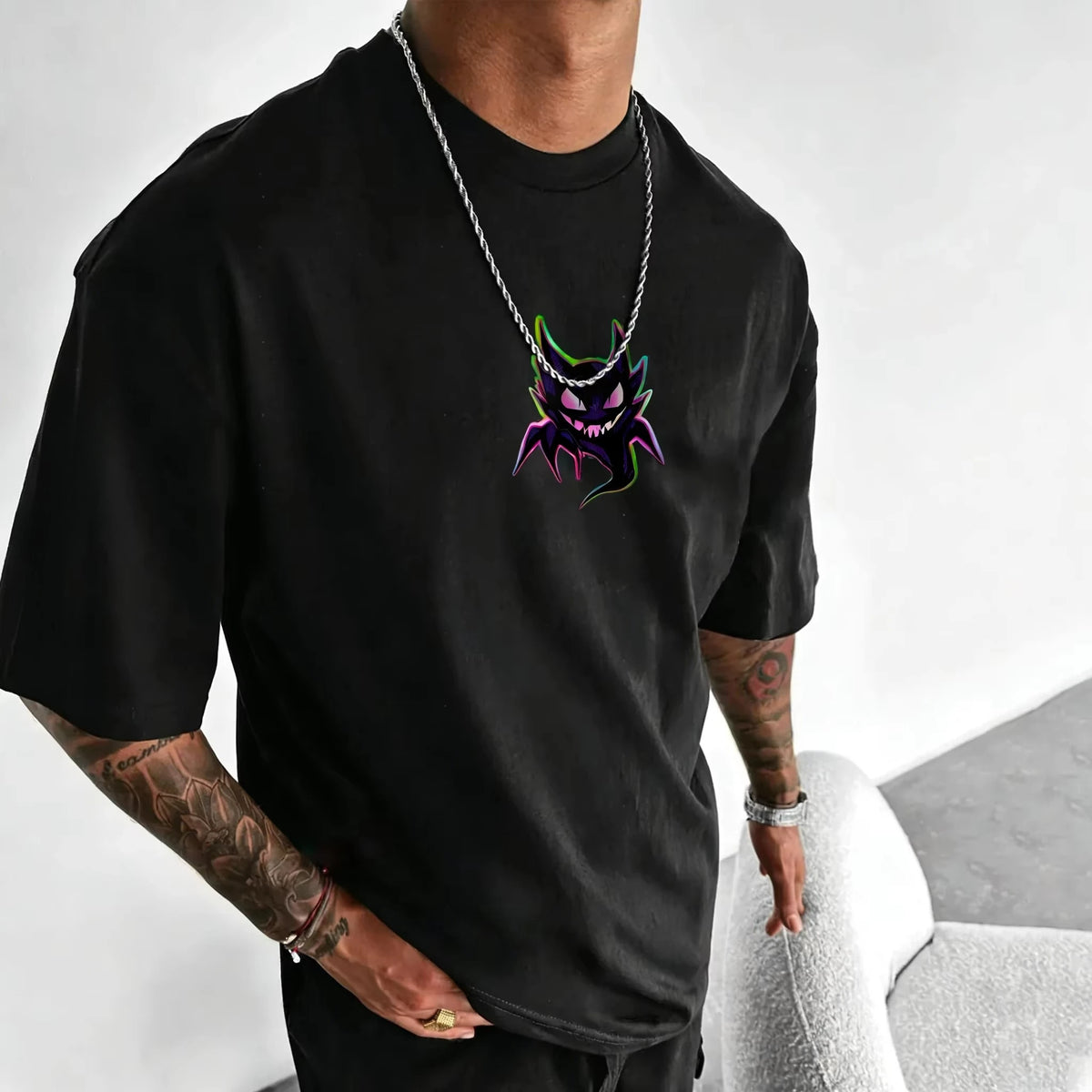 Gengar Shadow Flame Graphic T-Shirt – Heavyweight Black Anime Tee