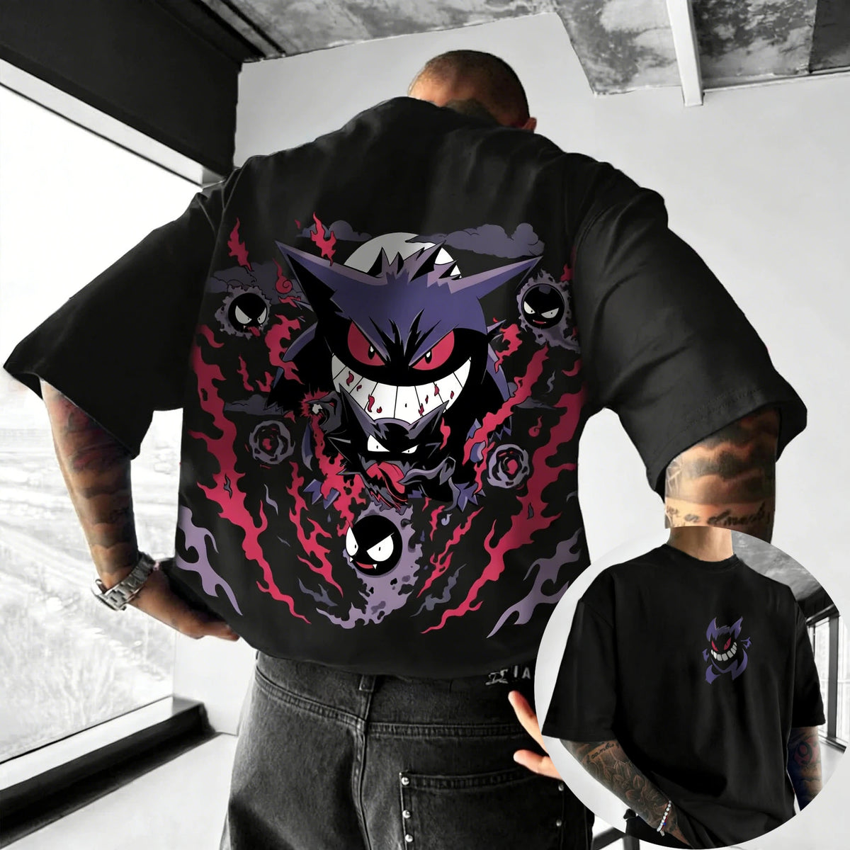 Gengar Shadow Flame Graphic T-Shirt – Heavyweight Black Anime Tee